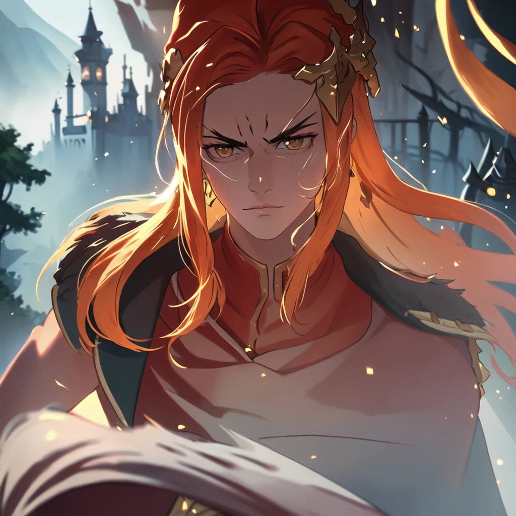 (masterpiece, top quality, best quality, beautiful, and aesthetic:1.2) portrait shot, posing, leonida5, orange hair, 1boy, looking at viewer, serious stare, fantasy castle gates