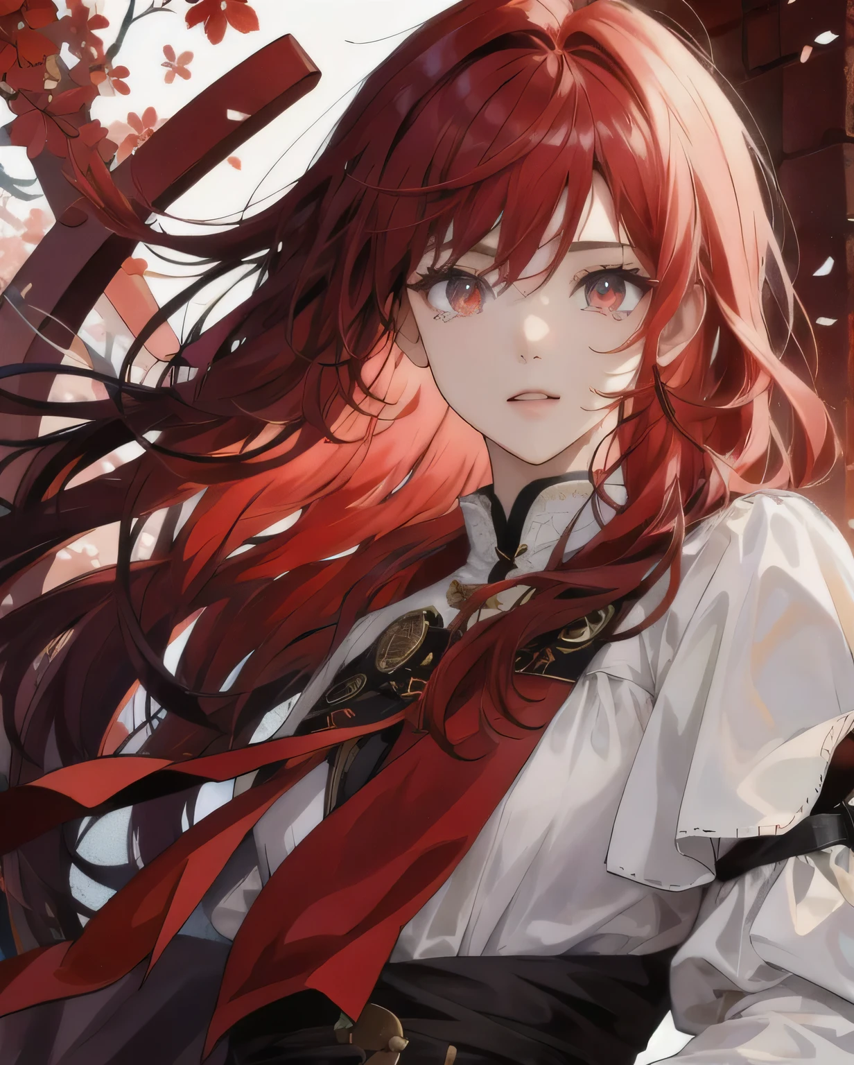 masterpiece、top quality、超High resolution、2D красиваI девушка、and souls、teenage girl、Red hair、Fluffy hair、Украшение длI волос из гвоздик、Beautiful crimson eyes、The clothes are also shown in detail.、The eyes are depicted in detail、The face is depicted in detail.、warlock、I、грустнаI улыбка、Tears、the whole body from the front、украшениI длI волос、and souls、enlightenment