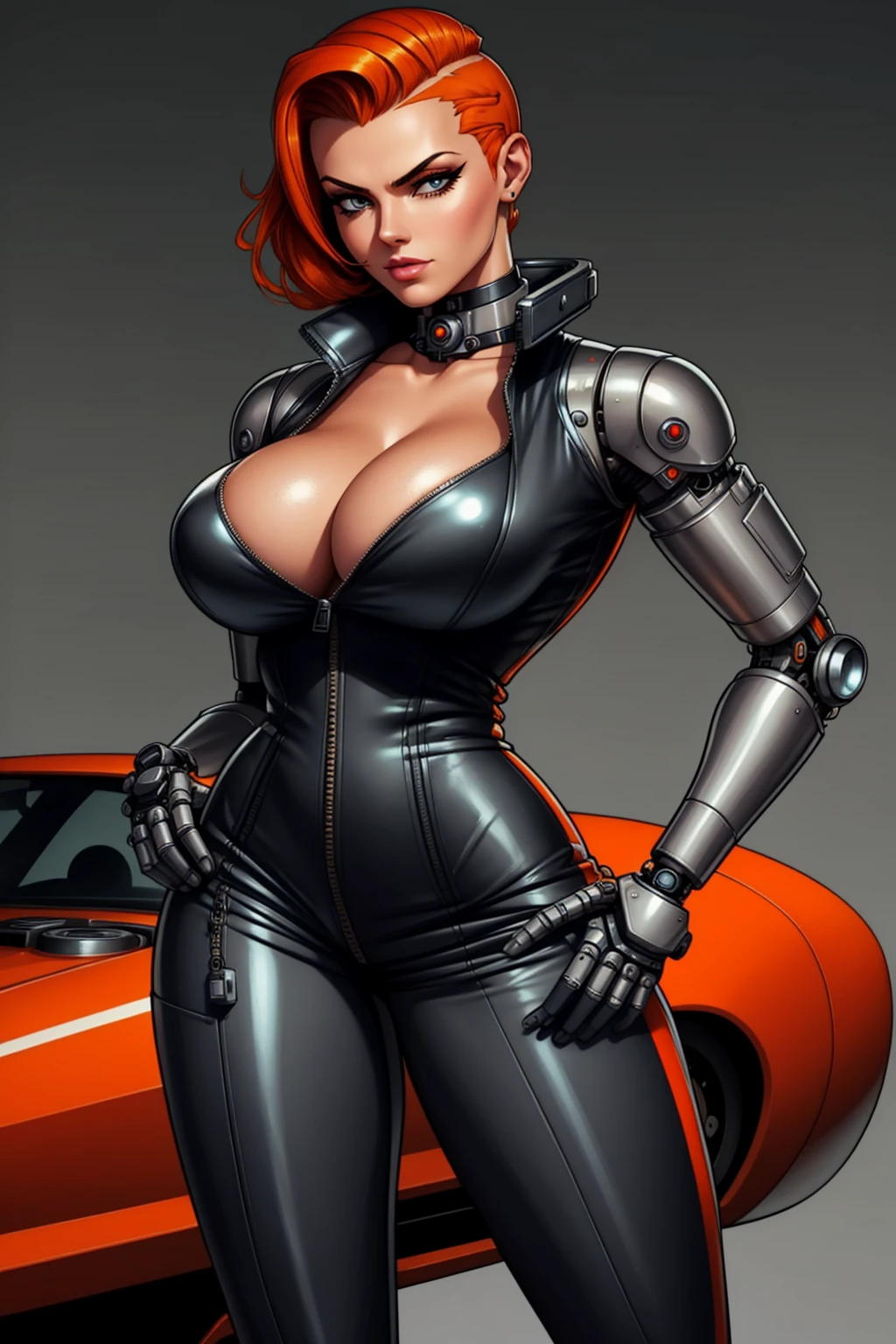 Femme Fatale, gorgeous mechanic, atompunk, blank background, retro-futurism, mechanical hand, cybernetic augments, unzipped orange jumpsuit, gunmetal grey, cleavage, half shaved head, ginger hair