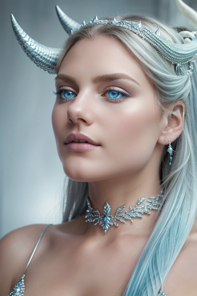 Close-up of a majestic girl with pearlescent, silver-edged scales, icy blue eyes, elegant ivory horns, and misty breath. Focus on detailed facial features and textured scales, set against a softly blurred background.