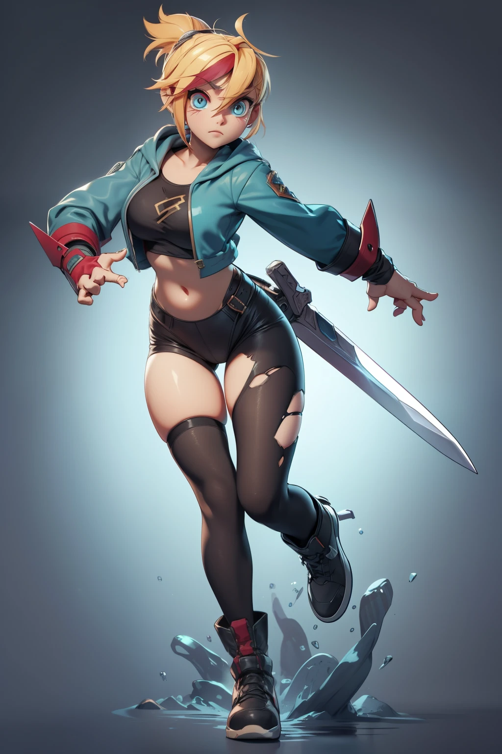 Mini cammy,  ultra long ponytail hair , ultra detailed face, solo, ray tracing, 3D style, 3DMM, ((3 poses per photo)), ((3 poses ouch cada foto)), fully body,(Front view),(Costas Issue), (Emist on the left), show flat belly, (((3 poses per photo))),(very big tits), perfect tummy, perfect and symmetrical eyes, (perfect hands), ((Futuristic sword in hand)), ((short hair)),((Open wizard clothes)),white clothing with textured edges, skin fair, luouchas detalhadas, White thigh-high tights with trim, ouchestido aberto ouch "ouch", Waist slender, big legs, low water, Show legs to the top of the waist, (broken fabric falling over the legs),((open top)),ultra realistic skin, realistic human eyes