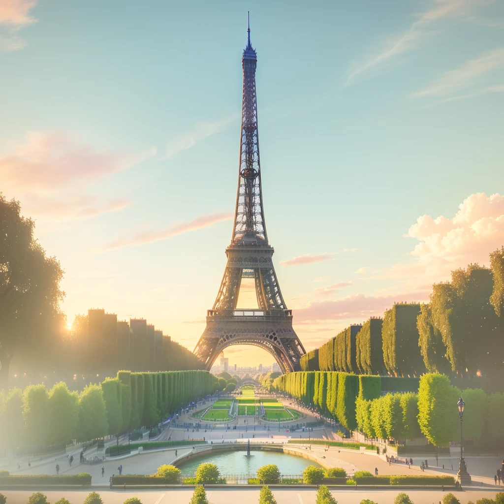 a realistic picture of the Eiffel Tower in Paris in front of the Jardins du Trocadéro, sunset with pinkish clouds, realistic