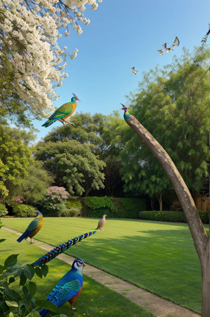 Spring season's bright field with happy peacocks and cuckoos