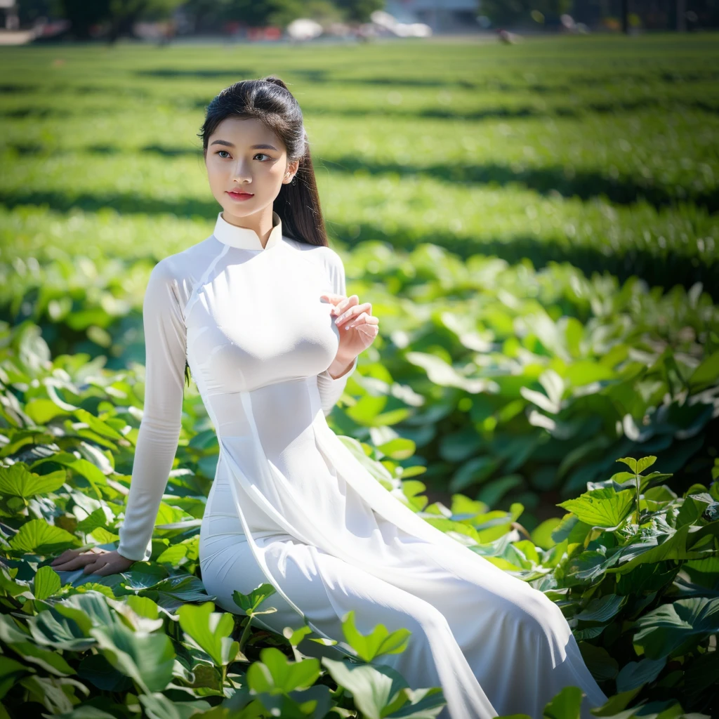 ???????????, round ???????, wearing bra inside ao dai, slim figure, beautiful figure, ???????????, ponytail, sharp 8k quality photo, ((beautiful, sharp, balanced face details) for )), ((beautiful ???????, exposed cleavage, plump body), ((beautiful sparkling eyes, sharp eye details, beautiful face)), sitting in the middle of a ripe rice field, ((super beautiful body with high details , tight body, big ?????, slim waist))