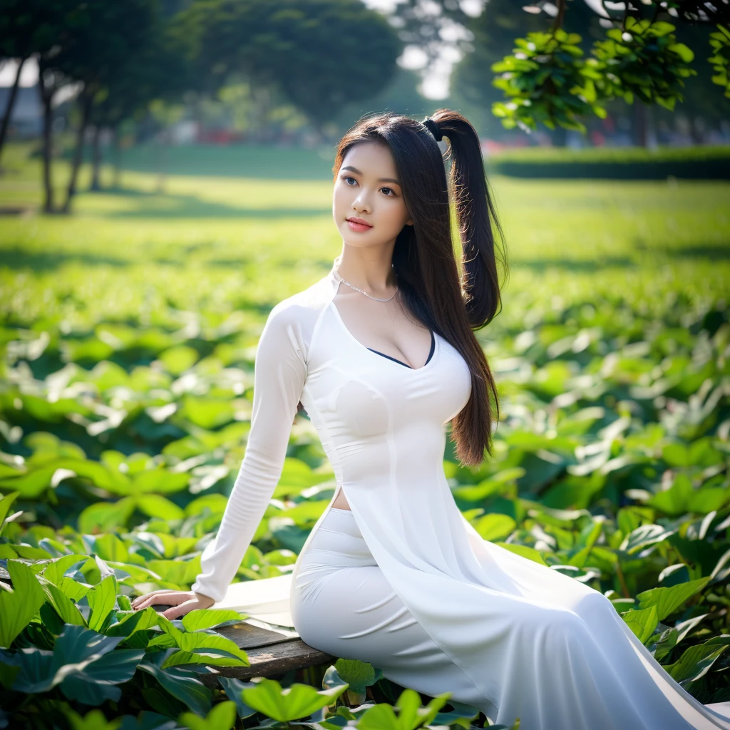 big breasts, round breasts, wearing bra inside ao dai, slim figure, beautiful figure, big breasts, ponytail, sharp 8k quality photo, ((beautiful, sharp, balanced face details) for )), ((beautiful breasts, exposed cleavage, plump body), ((beautiful sparkling eyes, sharp eye details, beautiful face)), sitting in the middle of a ripe rice field, ((super beautiful body with high details , tight body, big chest, slim waist))