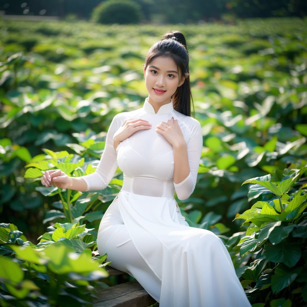 big breasts, round breasts, wearing bra inside ao dai, slim figure, beautiful figure, big breasts, ponytail, sharp 8k quality photo, ((beautiful, sharp, balanced face details) for )), ((beautiful breasts, exposed cleavage, plump body), ((beautiful sparkling eyes, sharp eye details, beautiful face)), sitting in the middle of a ripe rice field, ((super beautiful body with high details , tight body, big chest, slim waist))