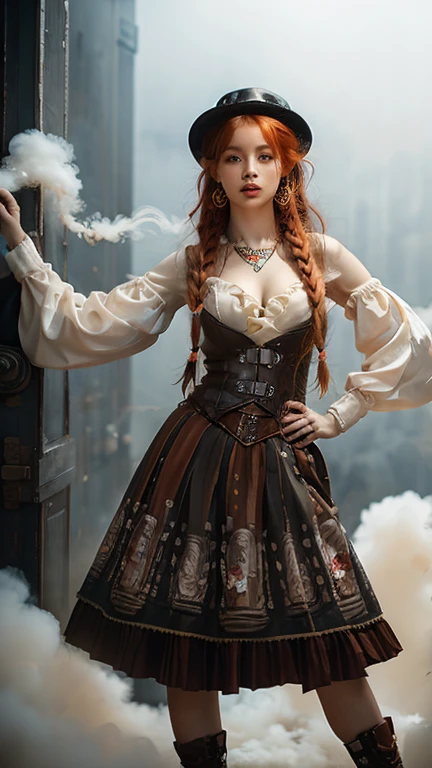 a woman with red hair and piercings posing full body for a picture, orange braided hair, long, braided orange-red hair, bright red hair, bright orange hair, red complicated long braids, attractive facial features with freckles and beautiful eyes and long eyelashes and full lips , clothing a mix of steampunk and gypsy style, pose standing dancing full body, background of ultra detailed realistic photography is a wall of smoke, facial expression is aggressive, body type curvy with long legs, Woman stands frontally to the camera and can be clearly seen