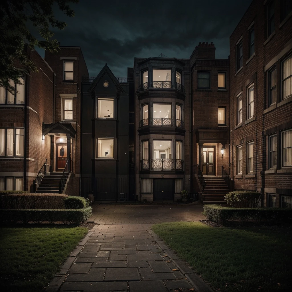 A picture of the O block with its typical buildings. The picture should look spooky because of the darkness and it should be usable as a background image. However, try to make it recognizable that it is the Parkway Gardens by adding some park and the houses should have the typical red brick and the typical oval shape. . Large apartment buildings are to be seen