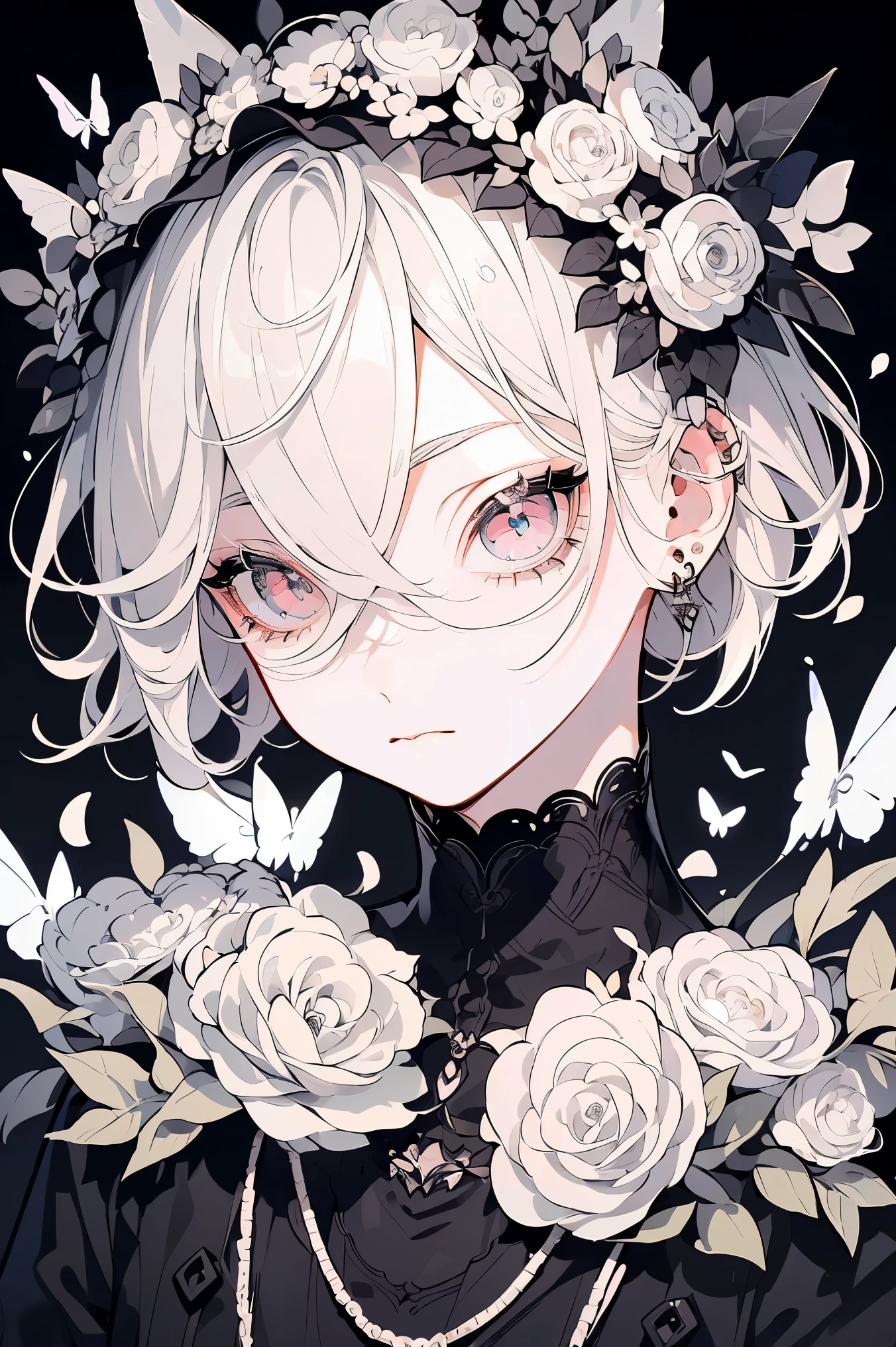 (Mastepiece), (Best Quality), Very detailed, 1 boy, Solo Shooting, Perfect Face, Beautiful Face, Very detailedな顔，(Gray Hair:1.3)，(short hair:1.4)、(Big eyes:1.4)，(Long eyelashes:1.4)、(Black and white eyes:1.3)、Lots of flowers、petal、butterfly々