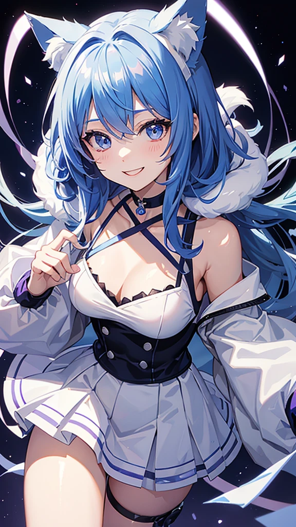 The image depicts an anime-style character with blue hair, a purple hooded outfit, a white cheer skirt, and a black choker. It has cat ears. The character has a smiling expression and is facing the viewer.