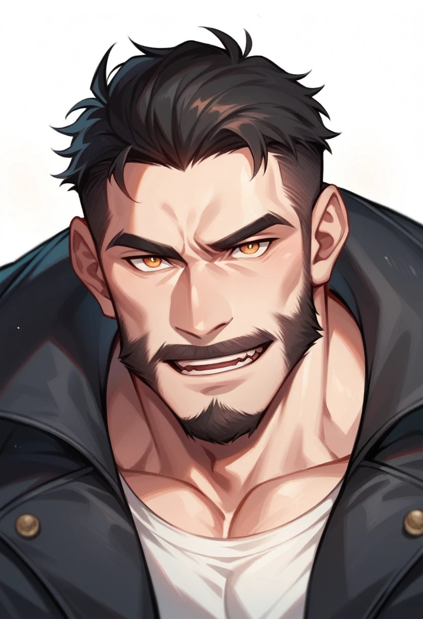 Strong light-skinned man, a little muscular, amber eyes. Reddish mouth, handsome face with strong features, beard, goatee, he is one and eighty tall, black hair in a business cut and wearing Black jacket