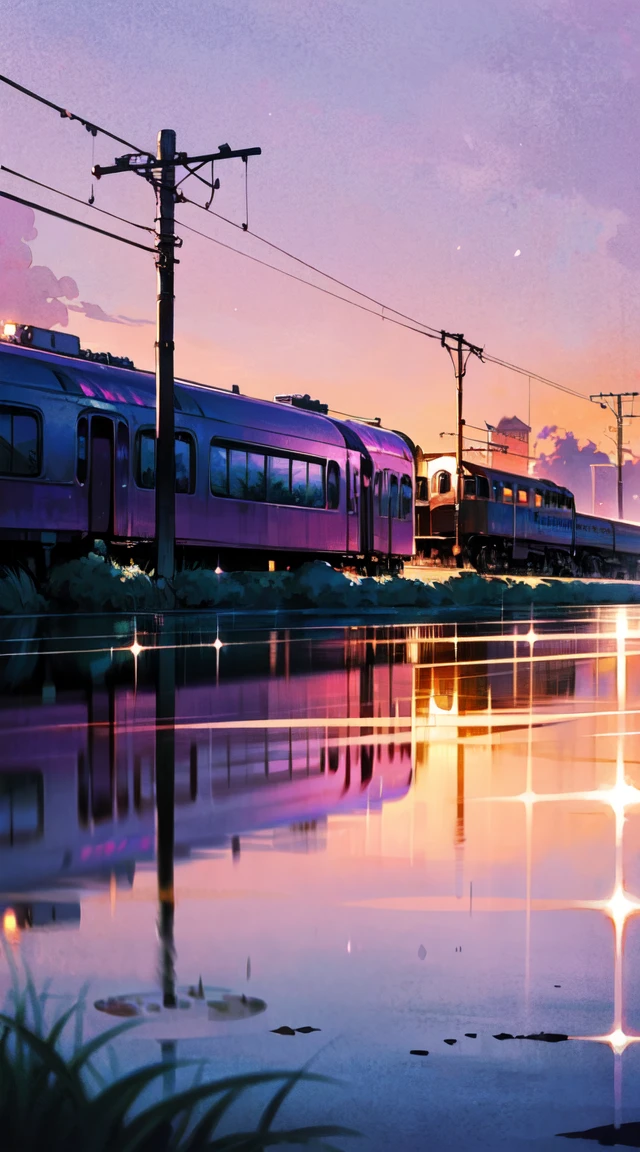 ((train)), ((under a pinkish purple sky、The train crosses a body of water,Anime Scene)),Makoto Shinkai's art style,Popular trends on pixiv,Magical reality,beautiful Anime Scenes,Cosmos Sky,Great background art,Lopfe's Art Style,Reflector。 Detail enhancements,Perfect image quality。author:new ancere, Lofi Art, beautiful Anime Scenes, Anime Scenery, Detailed Representation – Panel 672, Makoto Shinkai's Style, Makoto Shinkai's Style