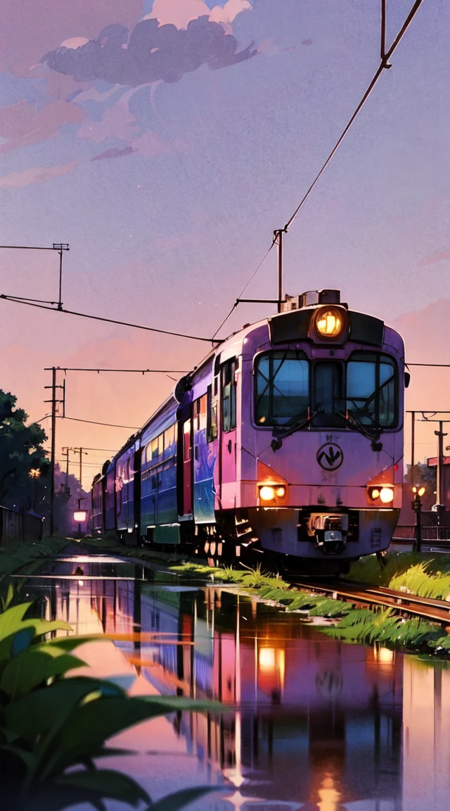((train)), ((under a pinkish purple sky、The train crosses a body of water,Anime Scene)),Makoto Shinkai's art style,Popular trends on pixiv,Magical reality,beautiful Anime Scenes,Cosmos Sky,Great background art,Lopfe's Art Style,Reflector。 Detail enhancements,Perfect image quality。author:new ancere, Lofi Art, beautiful Anime Scenes, Anime Scenery, Detailed Representation – Panel 672, Makoto Shinkai's Style, Makoto Shinkai's Style