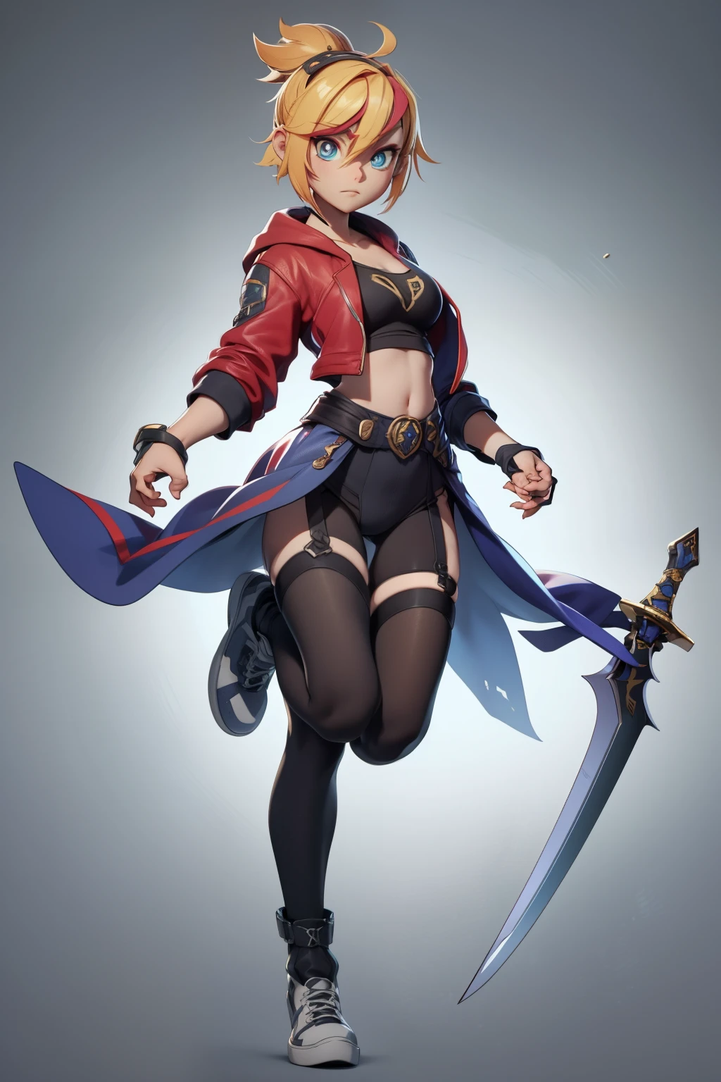 Mini cammy, long hair ponytail,  solo, ray tracing, 3D style, 3DMM, ((3 poses per photo)), ((3 poses ouch cada foto)), fully body,(Front view),(Costas Issue), (Emist on the left), show flat belly, (((3 poses per photo))),(very big tits), perfect tummy, perfect and symmetrical eyes, (perfect hands), ((Futuristic sword in hand)), ((short hair)),((Open wizard clothes)),white clothing with textured edges, skin fair, luouchas detalhadas, White thigh-high tights with trim, ouchestido aberto ouch "ouch", Waist slender, big legs, low water, Show legs to the top of the waist, (broken fabric falling over the legs),((open top)),ultra realistic skin, realistic human eyes