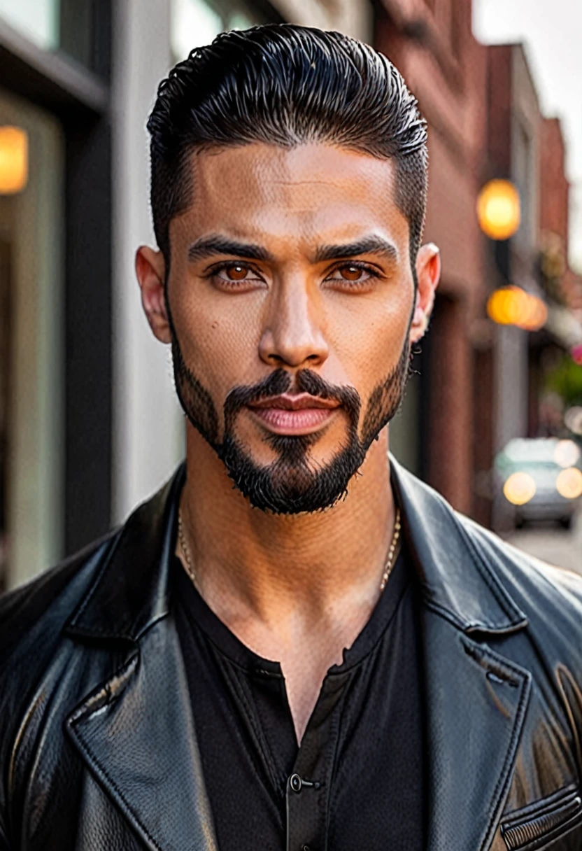 Strong light-skinned man, a little muscular, amber eyes. Reddish mouth, handsome face with strong features, beard, goatee, he is one and eighty tall, black hair in a business cut and wearing Black jacket