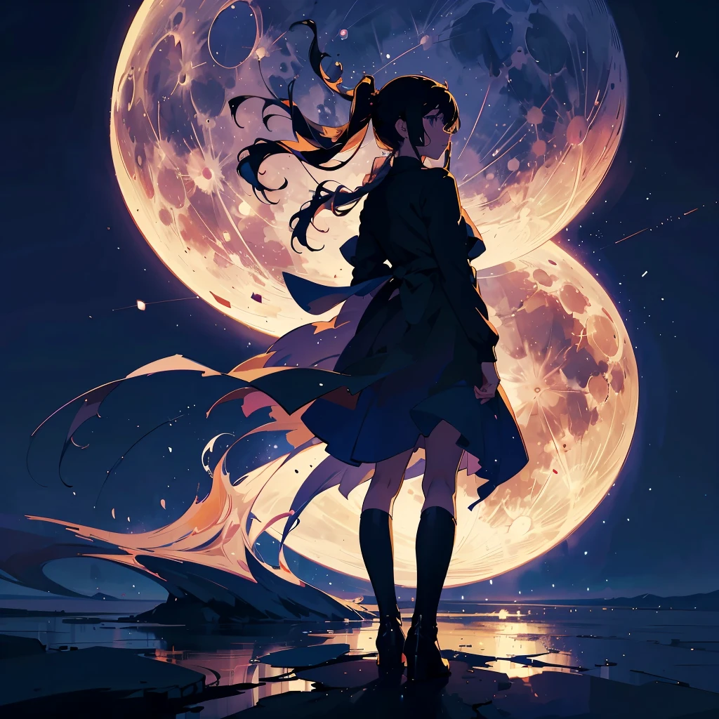 (()), find more ideas about moon wallpaper, wallpaper girl, silhouettes and moon in this collection wallpaper girl silhouettes, silhouettes art, digital art, silhouette background, cute wallpaper, kawai wallpaper, person, 1girl, solo, moon, long hair, full moon, anime minimalist