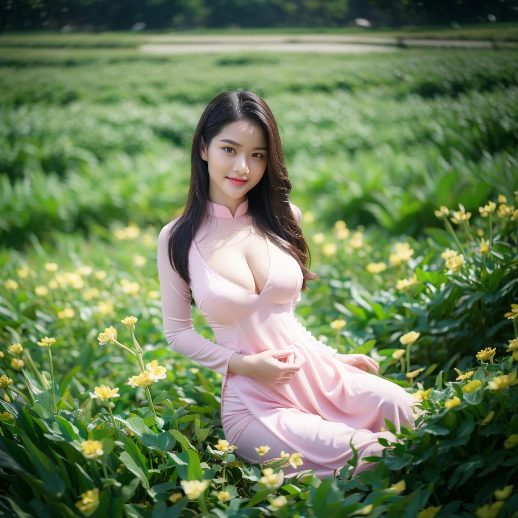 big breasts, round breasts, wearing bra inside ao dai, slim figure, beautiful figure, big breasts, ponytail, sharp 8k quality photo, ((beautiful, sharp, balanced face details) for )), ((beautiful breasts, exposed cleavage, plump body), ((beautiful sparkling eyes, sharp eye details, beautiful face)), sitting in the middle of a ripe rice field, ((super beautiful body with high details , tight body, big chest, slim waist))