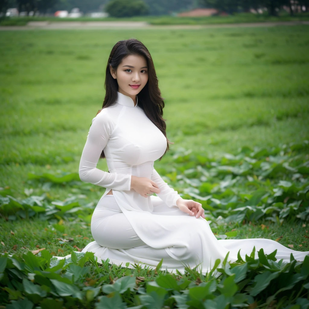 big breasts, round breasts, wearing bra inside ao dai, slim figure, beautiful figure, big breasts, ponytail, sharp 8k quality photo, ((beautiful, sharp, balanced face details) for )), ((beautiful breasts, exposed cleavage, plump body), ((beautiful sparkling eyes, sharp eye details, beautiful face)), sitting in the middle of a ripe rice field, ((super beautiful body with high details , tight body, big chest, slim waist))