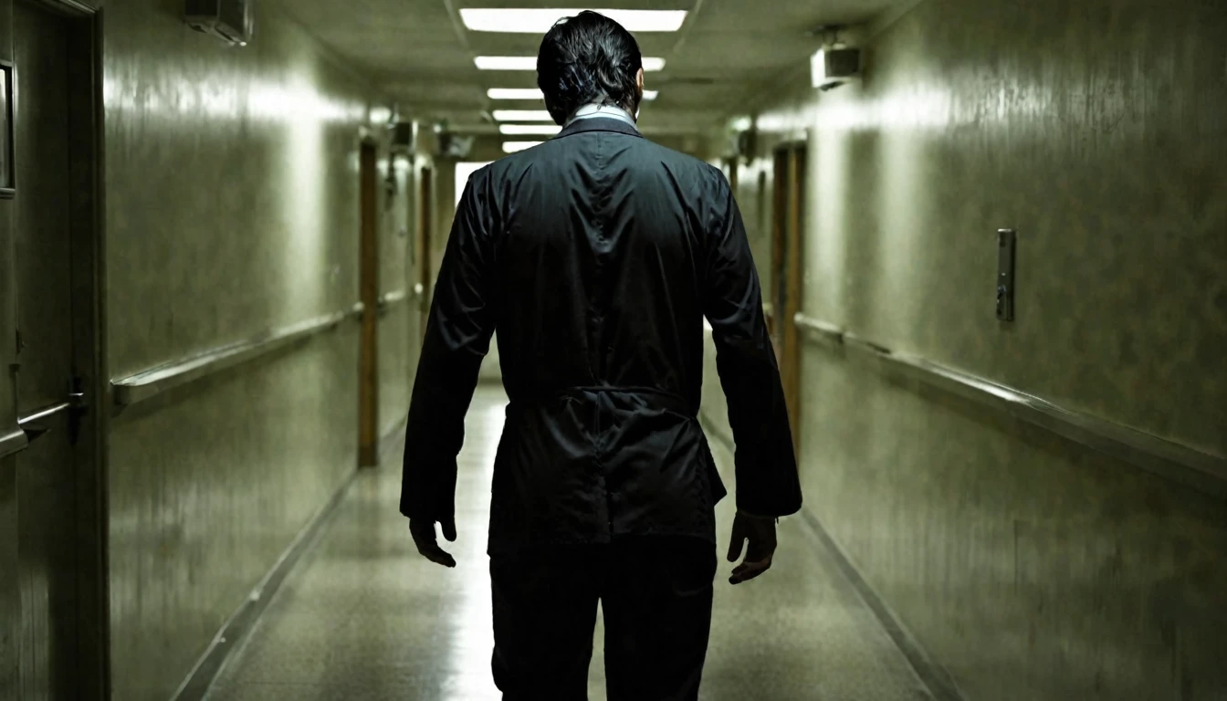 hospital corridor, macabre doctor with his back to the camera, environment, dark, sinister