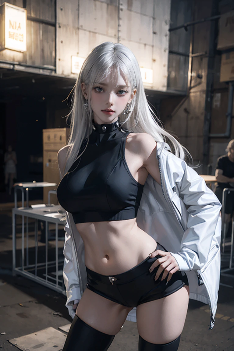 ?????????????,(masterpiece), Highest quality, Expressive eyes, Perfect Face, High resolution, One girl, alone, Gray Hair, Jacket, Ahoge, Fingerless gloves, abdomen, panties, Crack, Put your hands on your ????, Leaning forward, smile, Fantasy Background, particle, magic, Are standing,Cowboy Shot, Looking at the audience, from the front,night, Abandoned city,(????:1.0),(Long white hair)