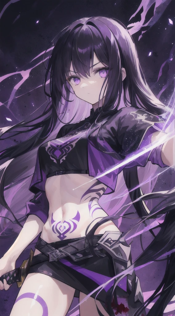 1 girl, long hair, messy hair, black hair, holding a sword, purple eyes, shadow hunter, blood, tattoo on left stomach, purple light particles, purple light rays, wallpaper, tall body, mysterious, strong, cropped shirt