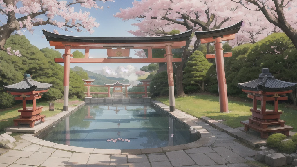 There is an open-air bath behind the shrine. Lots of steam, torii gate, cherry blossom tree, background only