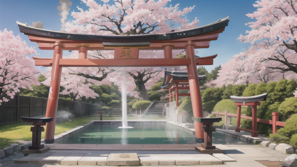 There is an open-air bath behind the shrine. Lots of steam, torii gate, cherry blossom tree, background only