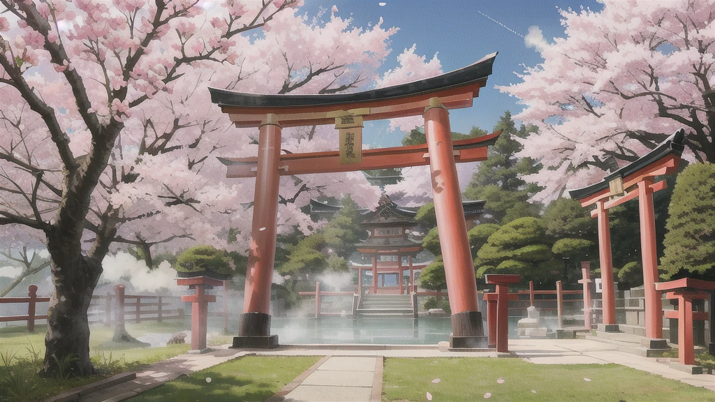 There is an open-air bath behind the shrine. Lots of steam, torii gate, cherry blossom tree, background only