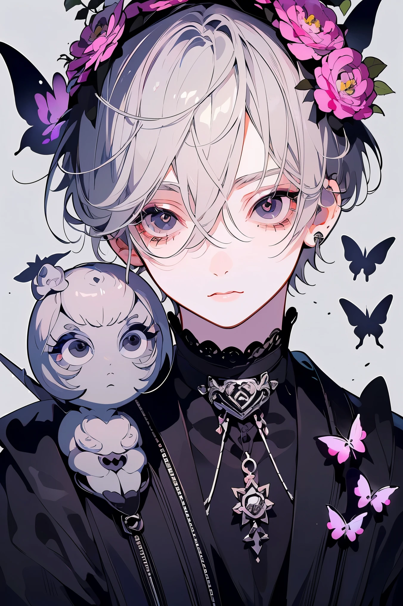 (Mastepiece), (Best Quality), Very detailed, 1 boy, Solo Shooting, Perfect Face, Beautiful Face, Very detailedな顔,(Gray Hair:1.3),(short hair:1.4)、(Big eyes:1.4),(Long eyelashes:1.4)、(Jet Black Eyes:1.3)、Lots of flowers、petal、butterfly々
