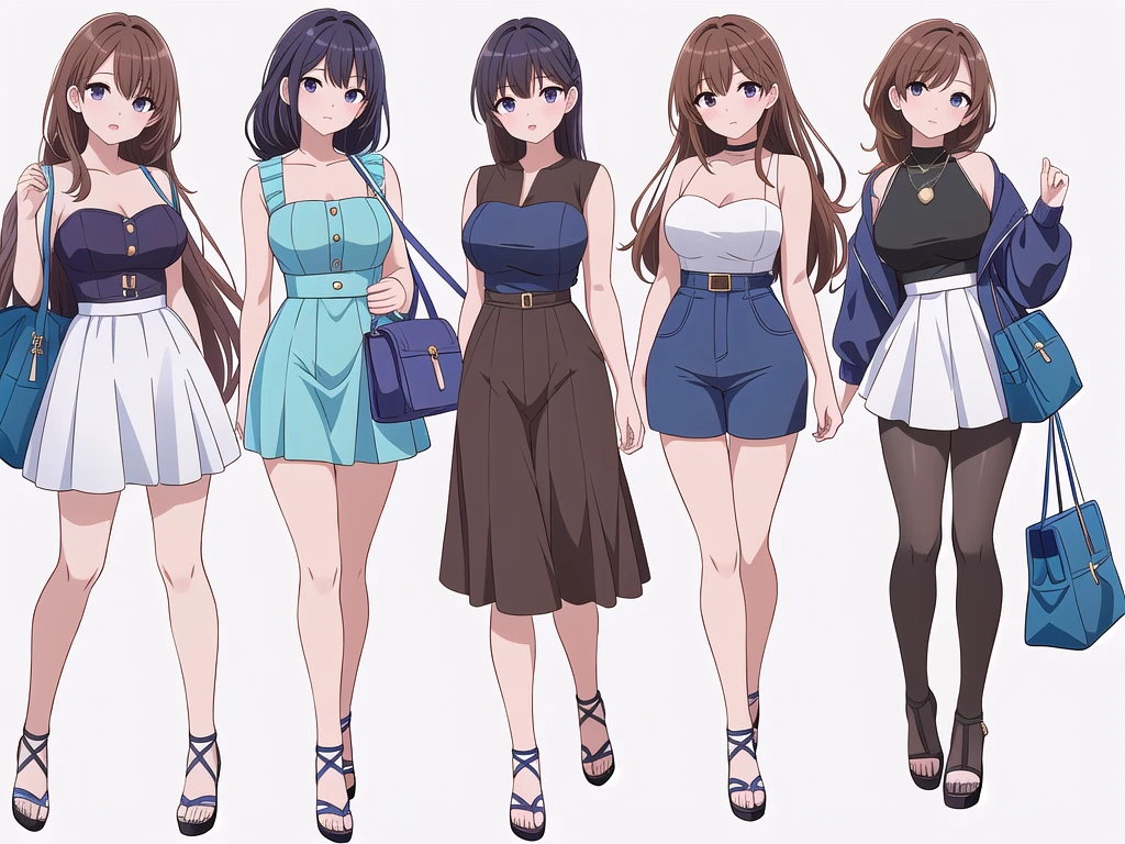 (((Best Quality))) , ((full body)), 4 lady, adult woman, multiple views, (((white background,))) variety of hairstyles, variety of fashion styles, seductive pose, fashionable and trendy atmosphere, holding bag, summer outfits, walk pose, dark blue/dark orange/dark green/dark violet/brown/white, short pants,   bustier,
