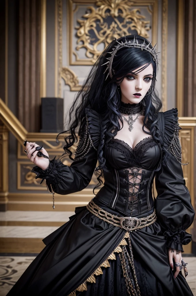 un baroque tardif, rococo regel craintif intimidant sauvage traditionnel corps entier reine femme rasée skinpunk goth, emo goth Spikey fashion shoot style éditorial, Mode ultra rapide Hypebeast avec accessoires goth emo dans un cadre photo doré