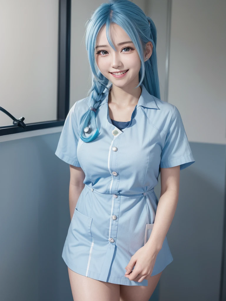 Masterpiece, best quality, 1girl,light Blue hair,cowboy shot,nurse, curly_low_twin_tail_hair,light smile,