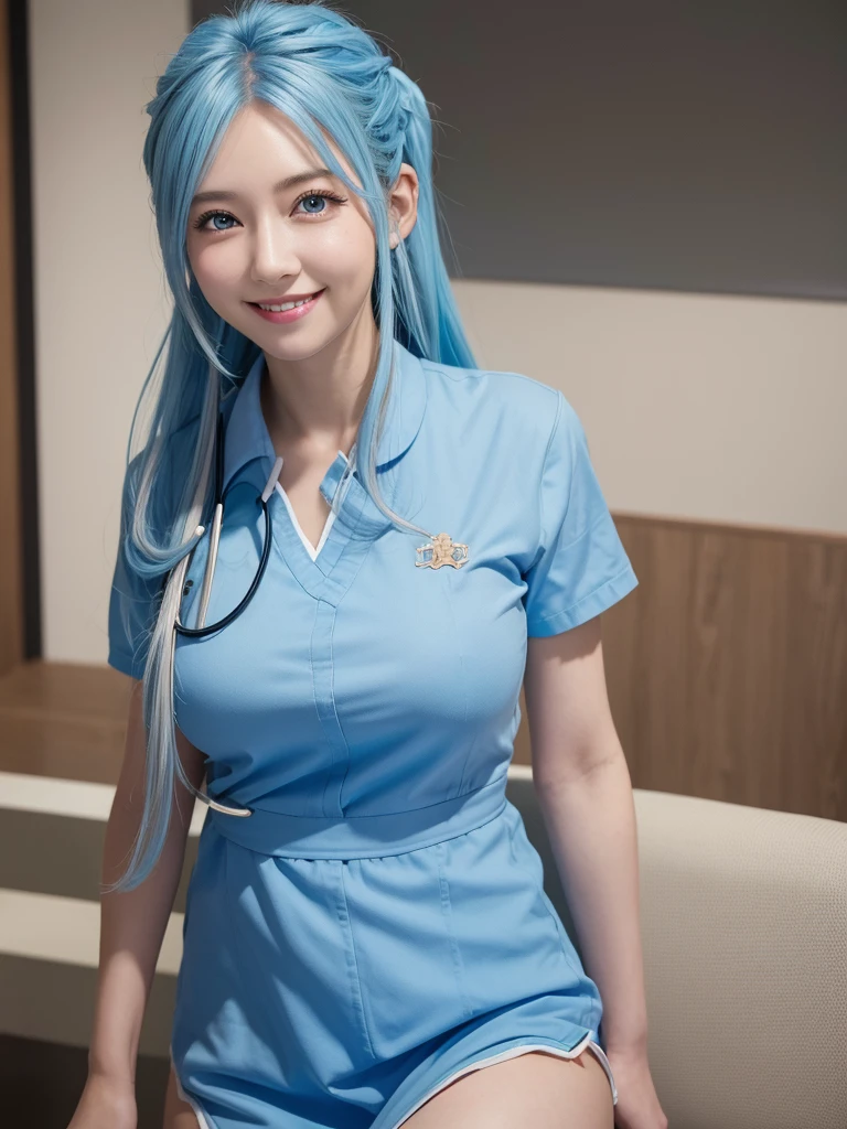 Masterpiece, best quality, 1girl,light Blue hair,cowboy shot,nurse, curly_low_twin_tail_hair,light smile,