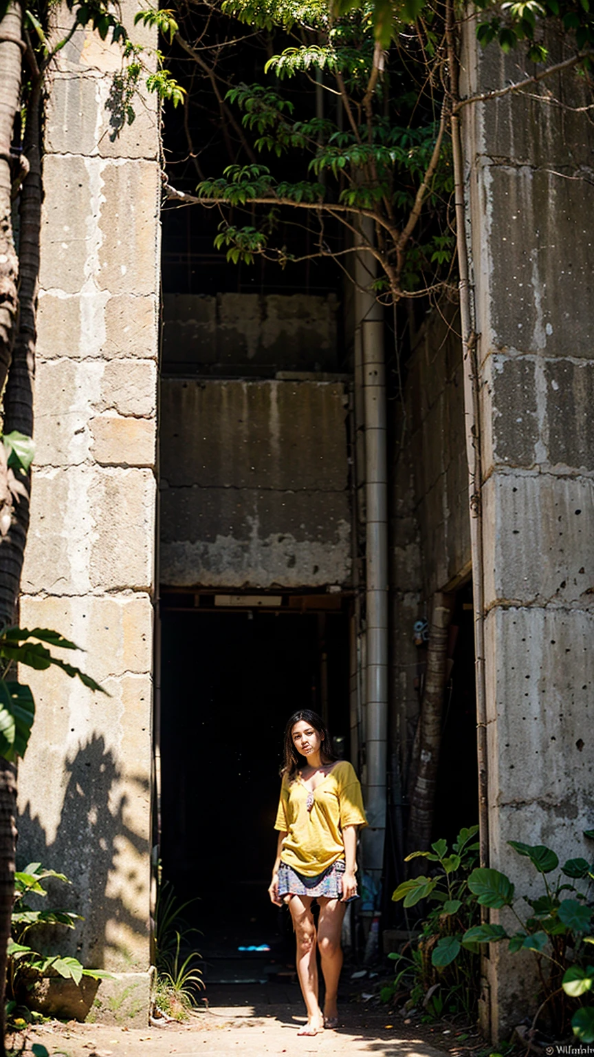 Adobe Firefly Prompt: A woman, yellow shirt, portrait shot of the picture 20 mm short 4K + 8k beautiful place fully digital lightPhotography, shot taken with a Nikon D850 with a 35mm lens of a 35year old female jungle explorer dressed in traditional cloths, emerging from the jungle into a open tropical plain with a Mayan temple ruin in the distance. --ar 3:2 --v 5