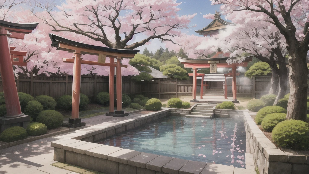 There is an open-air bath behind the shrine. Lots of steam, torii gate, cherry blossom tree, background only