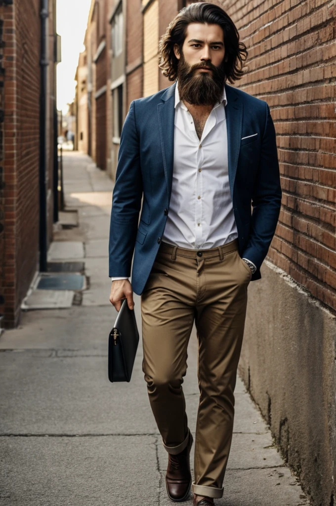 A man with bearded hair in tall, robust chinos, rocker