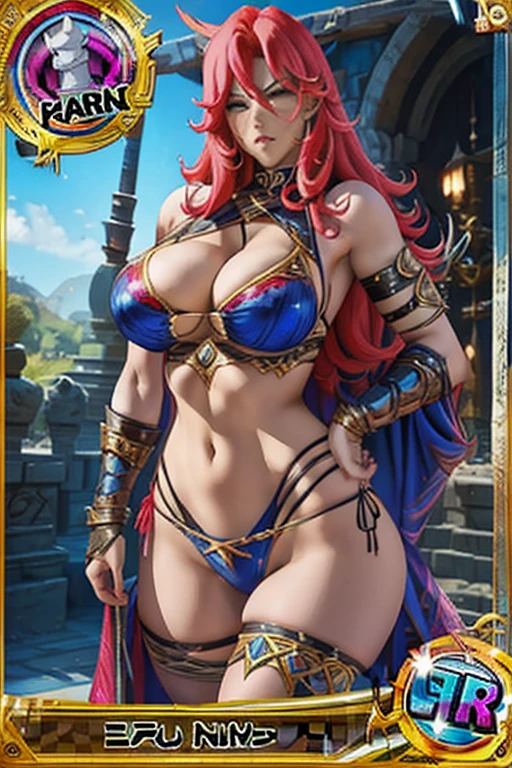 Trading card of barbarian warrior, big breast, sexy pose, sexy clothes