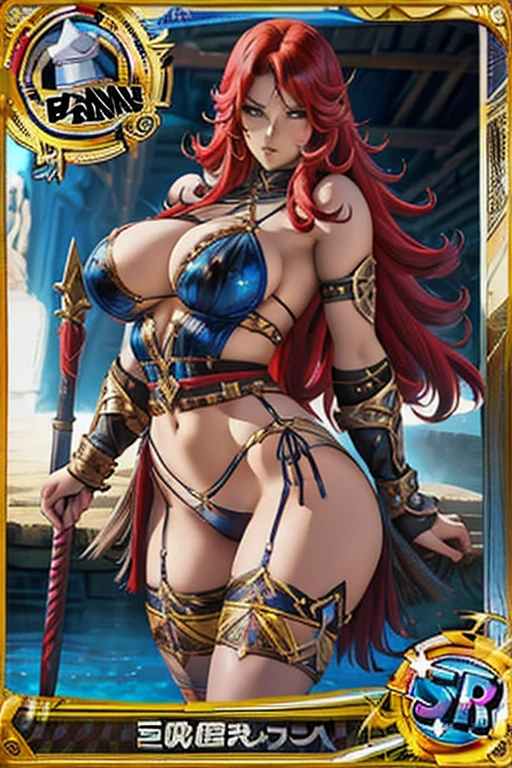 Trading card of barbarian warrior, big breast, sexy pose, sexy clothes