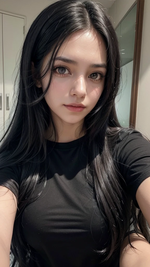 there is a woman with long black hair and a black shirt, alanis guillen, selfie of a young woman, looks like fabiula natal, 30-year-old woman from cuba, profile image, black hair and big eyes, with black hair, Photo the selfie, about 19 years old, beautiful latin face