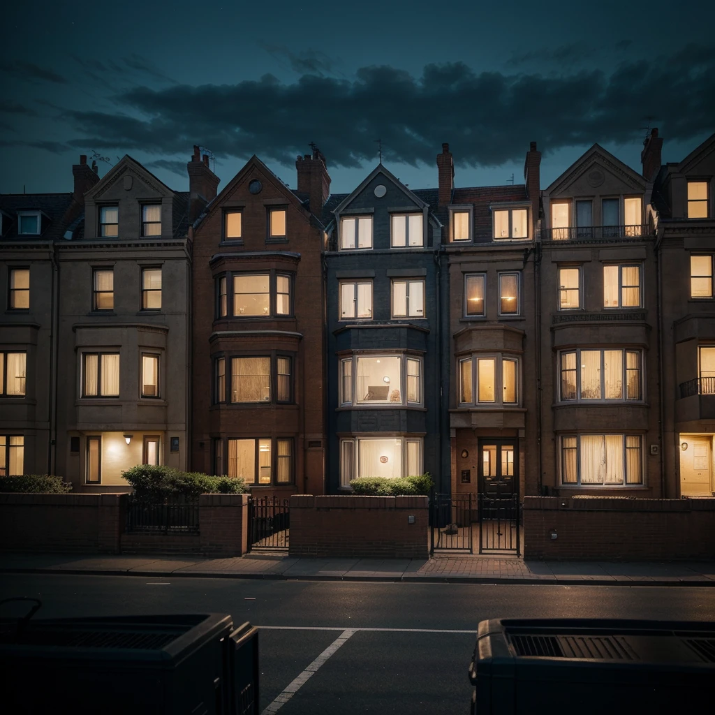 A picture of the O block with its typical buildings. The picture should look spooky because of the darkness and it should be usable as a background image. However, try to make it recognizable that it is the Parkway Gardens by adding some park and the houses should have the typical red brick and the typical oval shape. . Large apartment buildings are to be seen. Apart from that, the houses should not have any details such as fences or terraces . However, they should have broken windows