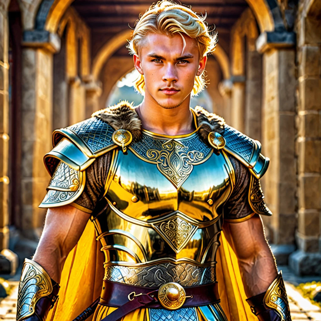 create man, 22 years old, viking, short yellow golden hair, golden eyes, tanned skin, golden prince clothes, golden dragon background, handsome, broad shoulders, hdr, hd, 8k, 4k