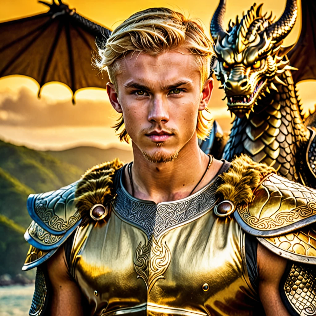 create man, 22 years old, viking, short yellow golden hair, golden eyes, tanned skin, golden prince clothes, golden dragon background, handsome, broad shoulders, hdr, hd, 8k, 4k