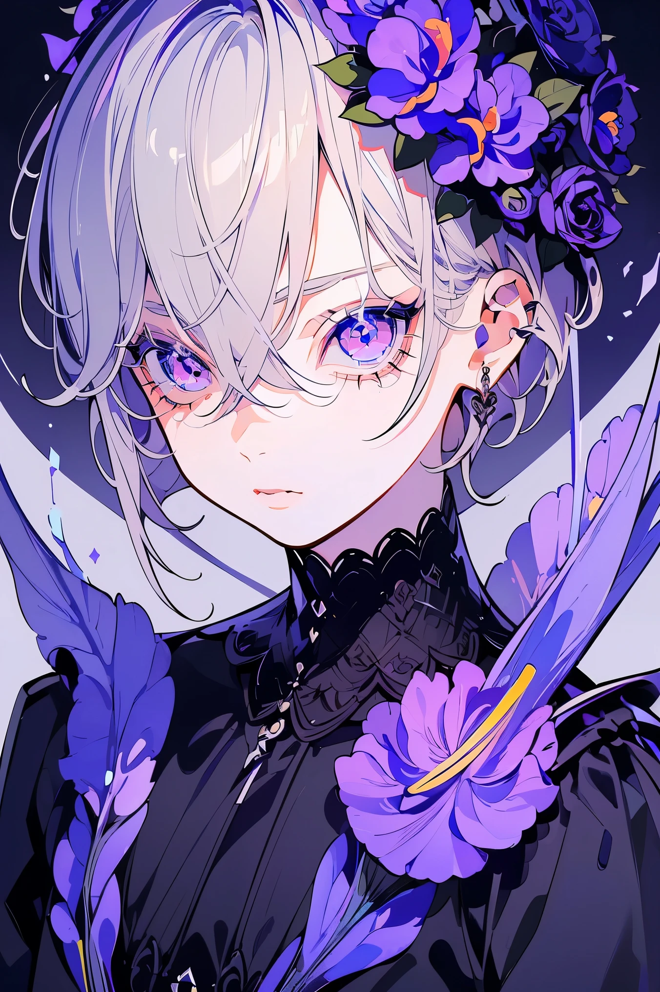 Anime girl with purple flowers in her hair and a black dress - SeaArt AI