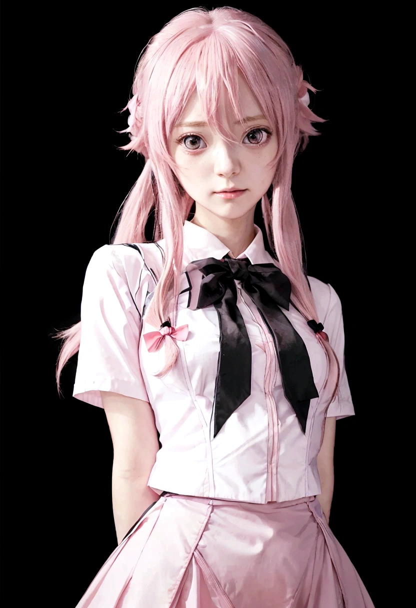 anime girl with long pink hair and a white shirt and black bow tie, gapmoe yandere, yandere. tall, digital art from mirai nikki, yandere, an anime girl, gasai yuno from mirai nikki, mirai nikki, beautiful anime high school girl, portrait anime girl, gapmoe yandere grimdark, yandere intricate