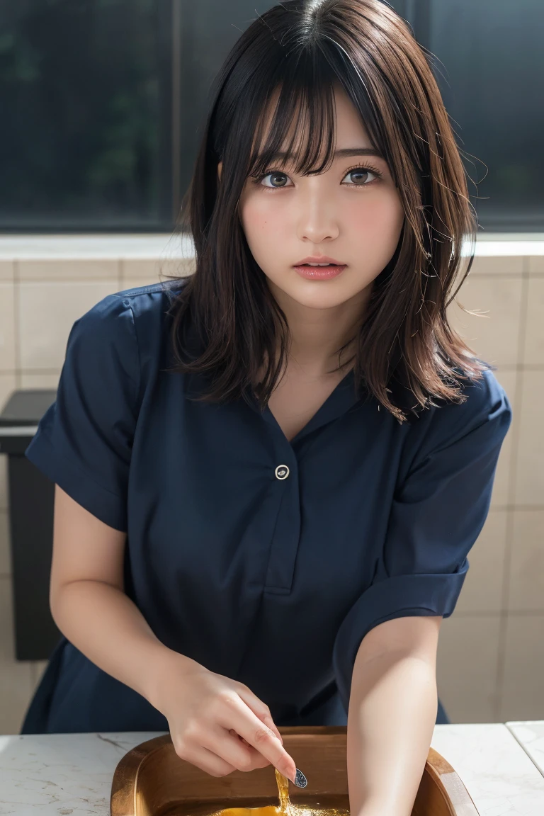 ((Upper Body:1.3)).Blown by the long wind [Blue-black:.3] hair,Looking at the audience, (Tabletop:1.3), (8K, Realistic, RAW Photos, Highest quality: 1.4), Japanese, (1 Girl), Beautiful Face, (Realistic face),{Wavy medium hair|Front hair long bob|short hair with long bangs}{Black hair|Brown hair|Blonde hair}, Beautiful hairstyle, Realistic eyes, Beautiful and beautiful eyes, (Realistic skin), Beautiful Skin, charm, Ultra-high resolution, Surreal, Very detailed, Golden Ratio,Female student peeing in the toilet、shame(Blushing:1.3)
