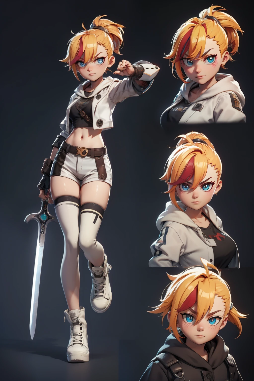 Mini cammy,  ultra long ponytail hair , ultra detailed face, solo, ray tracing, 3D style, 3DMM, ((3 poses per photo)), ((3 poses ouch cada foto)), fully body,(Front view),(Costas Issue), (Emist on the left), show flat belly, (((3 poses per photo))),(very big tits), perfect tummy, perfect and symmetrical eyes, (perfect hands), ((Futuristic sword in hand)), ((short hair)),((Open wizard clothes)),white clothing with textured edges, skin fair, luouchas detalhadas, White thigh-high tights with trim, ouchestido aberto ouch "ouch", Waist slender, big legs, low water, Show legs to the top of the waist, (broken fabric falling over the legs),((open top)),ultra realistic skin, realistic human eyes