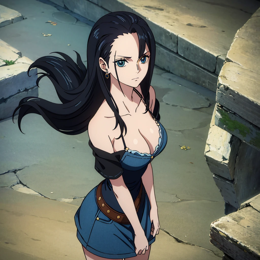(Best quality, 8k, high resolution, masterpiece:1.2), Ultra detailed, Anime art style, Fine details, Dynamic angles, Black Hair,20s women's style, mature women, glamour,Beautiful character design, Perfect eyes, Perfect face, Expressive eyes, Perfect balance, (Earrings, Jewelry, Denim Dress, Black Shirt, Denim Skirt, bra), Looking at viewer, In the center of the image, Cowboy shot, ((standing)) ((solo))