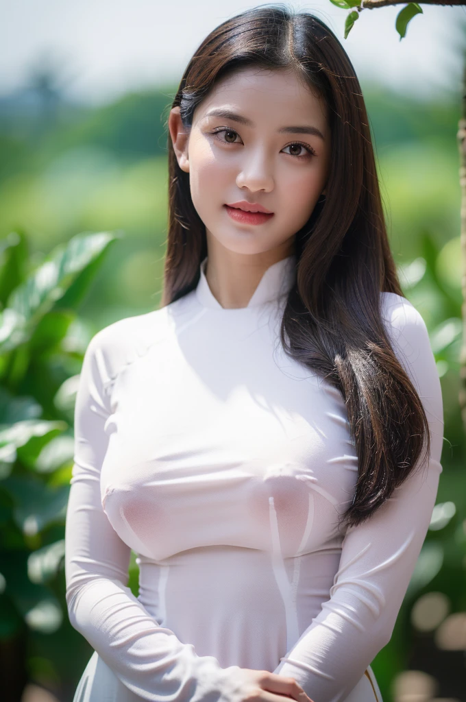 big breasts, round breasts, wearing bra inside ao dai, slim figure, beautiful figure, big breasts, ponytail, sharp 8k quality photo, ((beautiful, sharp, balanced face details) for )), ((beautiful breasts, exposed cleavage, plump body), ((beautiful sparkling eyes, sharp eye details, beautiful face)), sitting in the middle of a ripe rice field, ((super beautiful body with high details , tight body, big chest, slim waist))