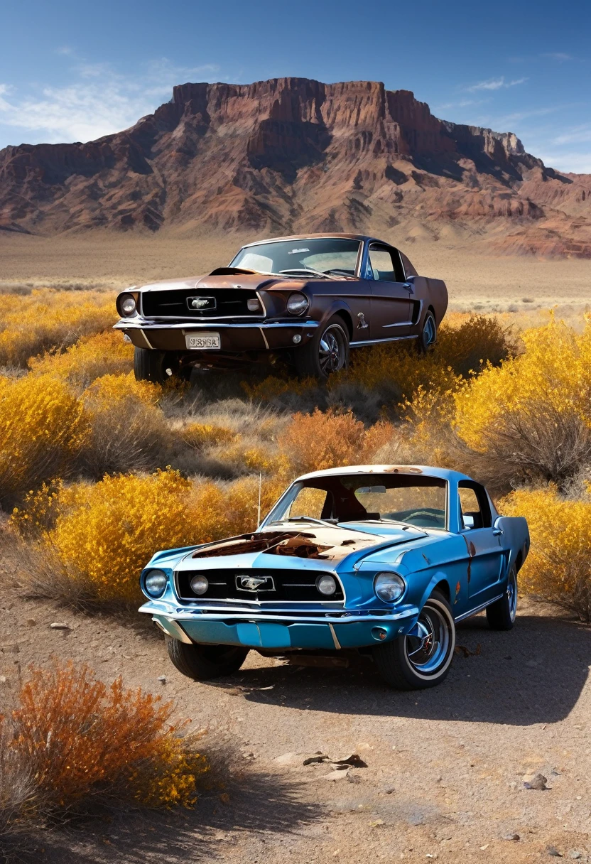 Create an, rusted Mustang 1967 in the heart of a desolate landscape. The world around it has withered, yet the car remains, the car now rests on four deflated tires. Its chrome grille has lost its lustre, and the paint has faded into a patchwork of rust and memories. The windshield is cracked like a spider’s web, a torn map, a pair of sunglasses, and a dried-up flower pressed against the glass. (Copilot)