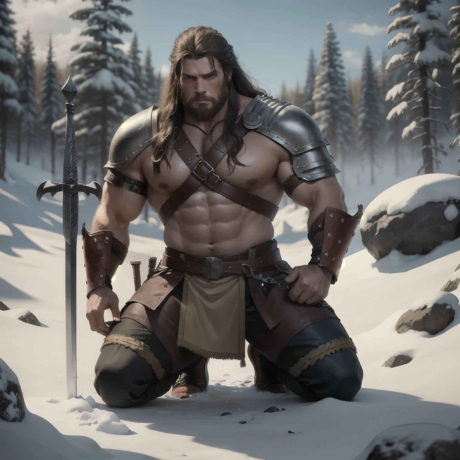 male, barbarian, nosh man, wearing leather armor like a viking, sad face, middle age, strong and muscular, brown long hair, kneeling with head bowed, both hands held the hilts of the swords and planted them on the ground in front of him, stone wood and snow on background, full body shot, volumetic light